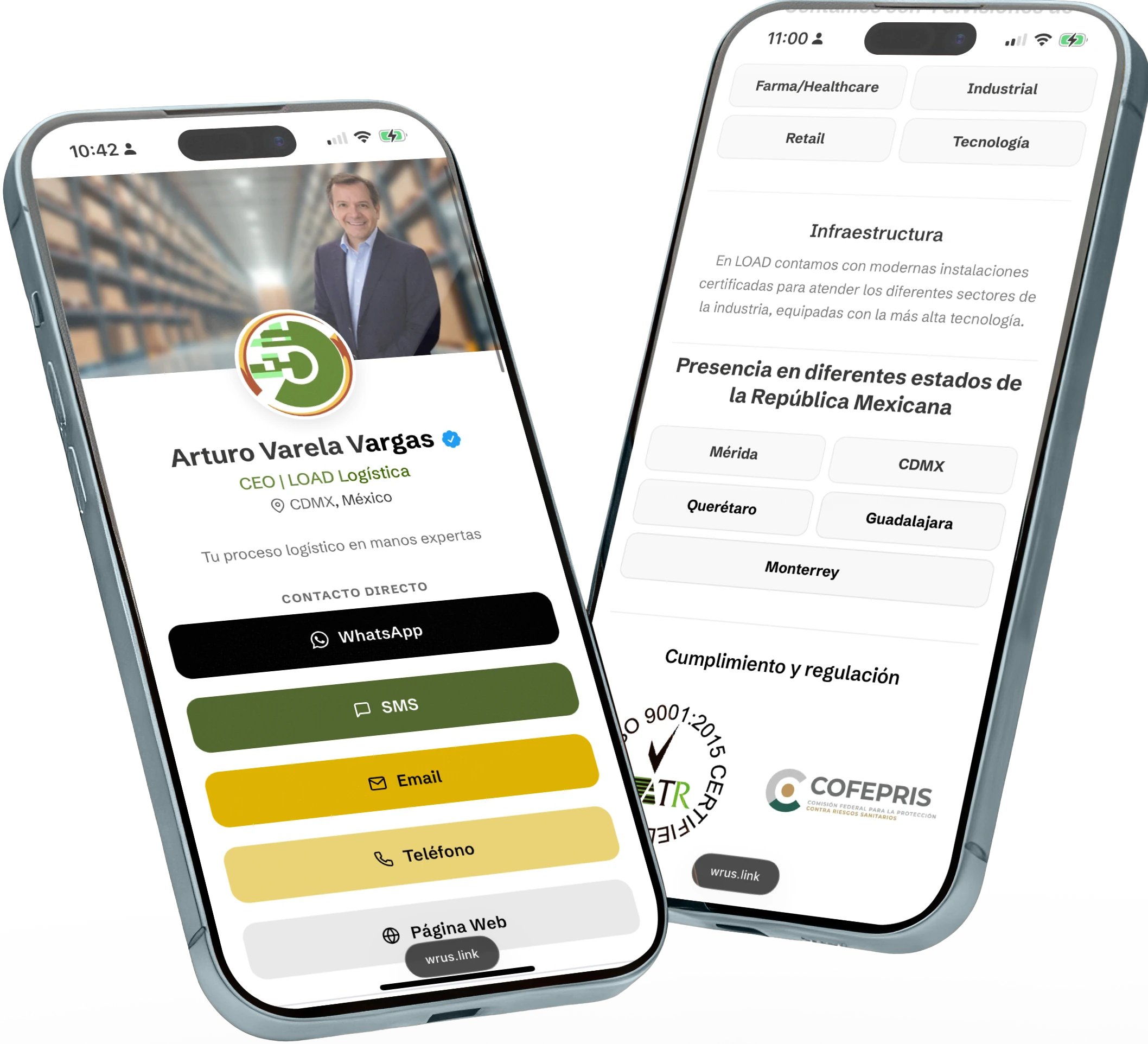 Tarjetas digitales wrus.link en dos smartphones