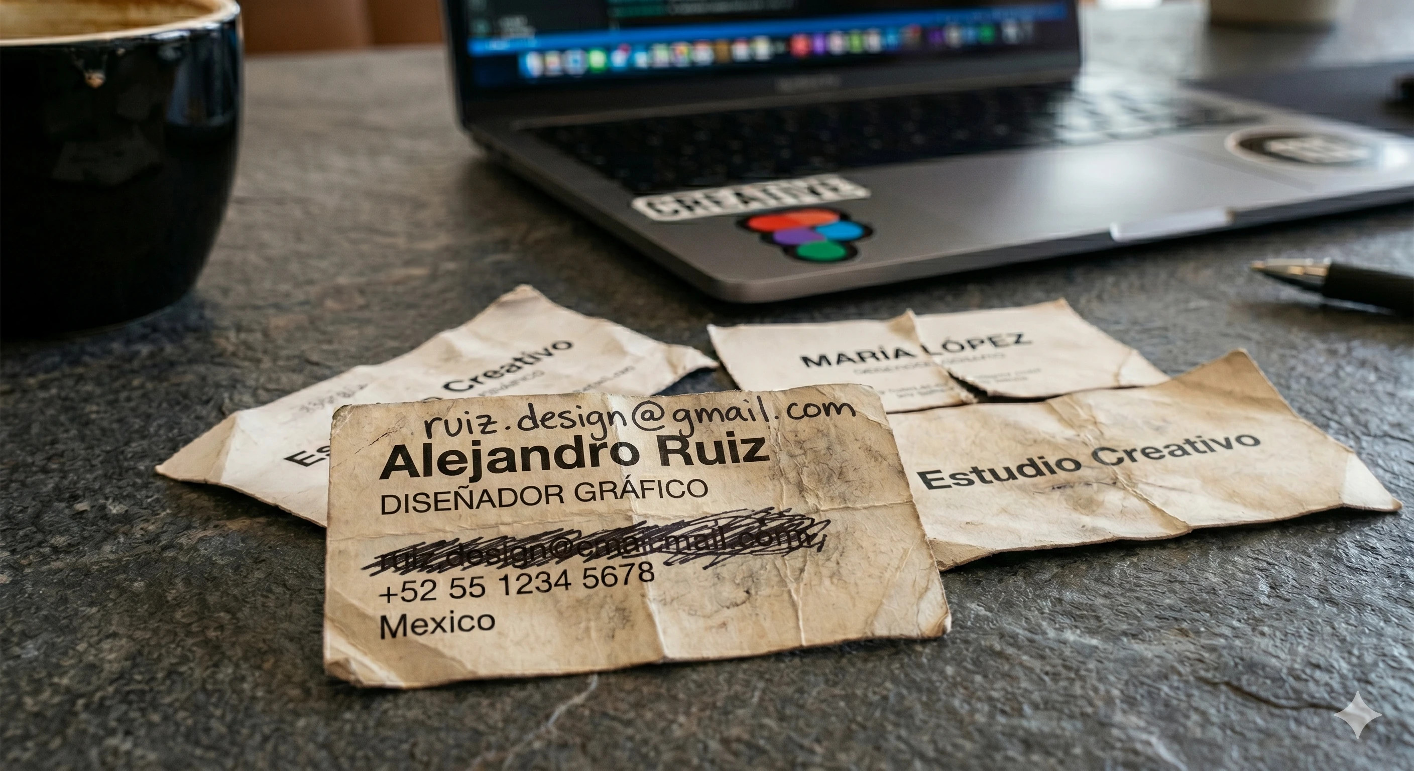 Tarjetas de presentación de papel arrugadas sobre escritorio
